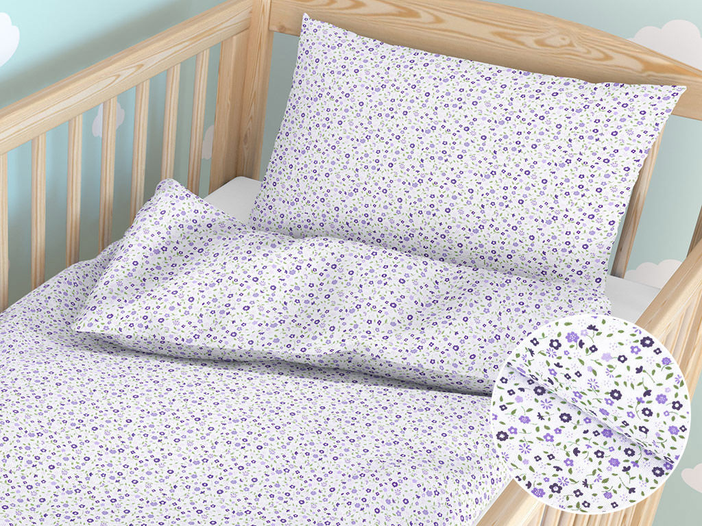 Pościel bawełniana do łóżeczka - małe fioletowe kwiaty