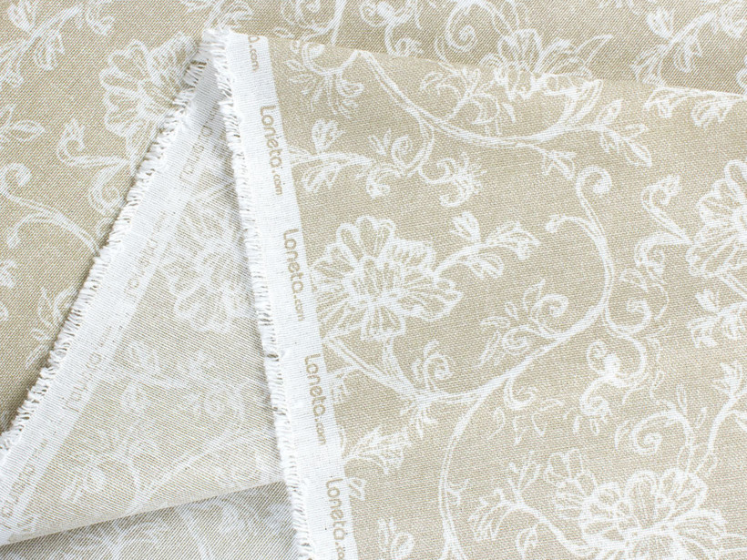 Tkanina dekoracyjna Loneta - białe pnące kwiaty