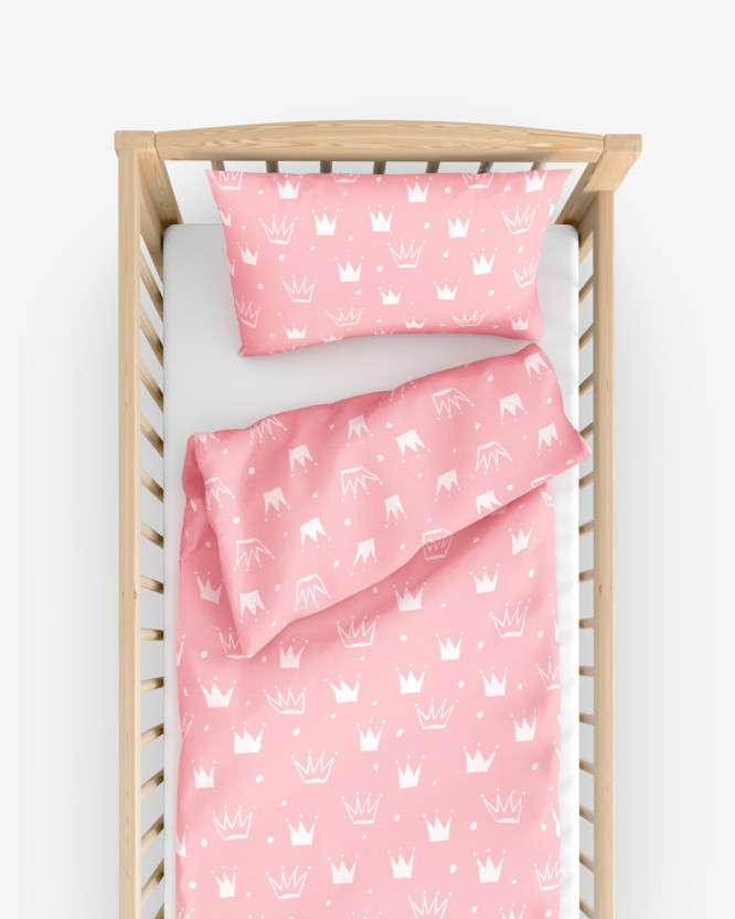 Pościel bawełniana do łóżeczka - korony na różowym