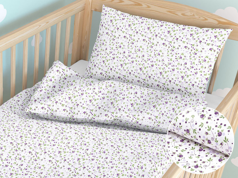 Pościel bawełniana do łóżeczka - fioletowe rozety na białym