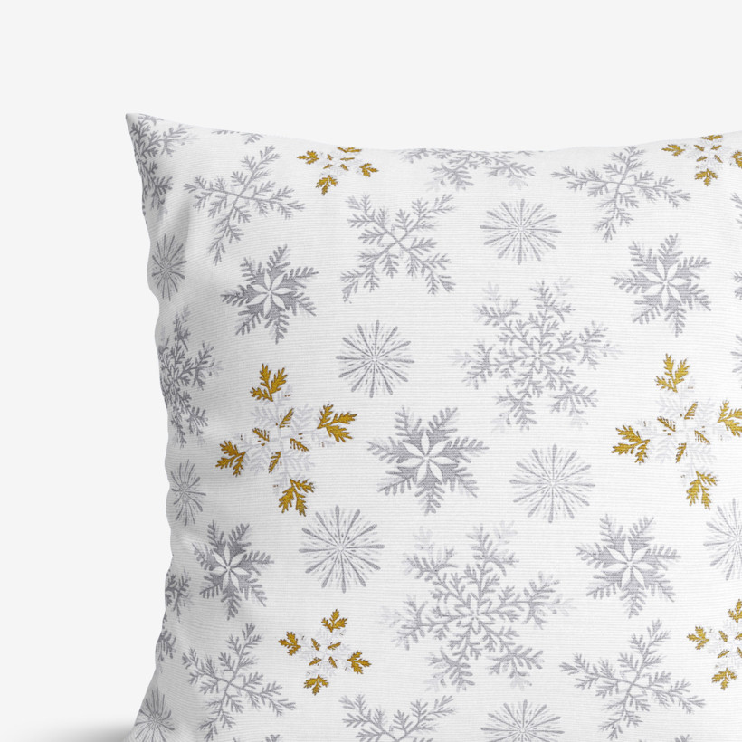 Poszewka na poduszkę bawełniana świąteczna - szare płatki śniegu ze złotym brokatem na białym