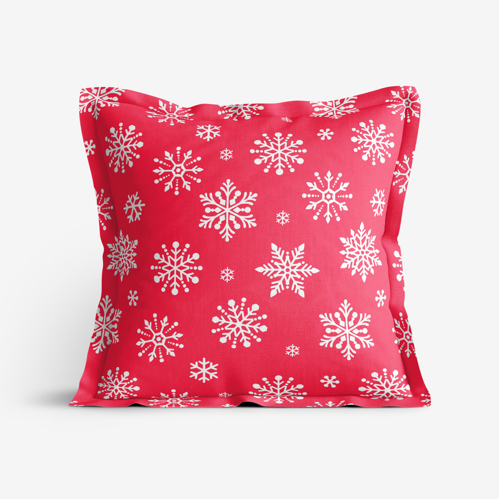Poszewka na poduszkę z ozdobną kantą bawełniana - płatki śniegu na jaskrawej czerwieni