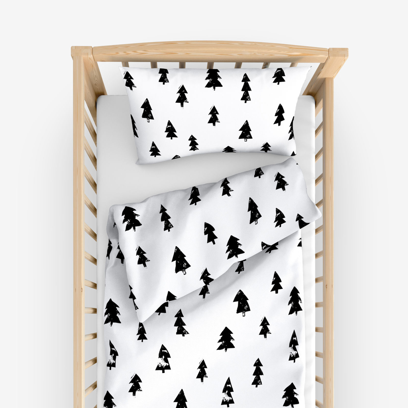 Pościel bawełniana świąteczna do łóżeczka - czarne choinki na białym