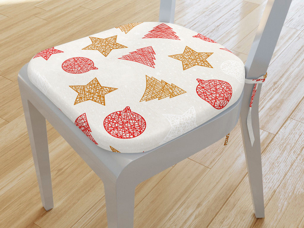 Zaokrąglona poduszka na krzesło 39x37 cm Verona świąteczna - czerwone i złote symbole świąteczne na białym