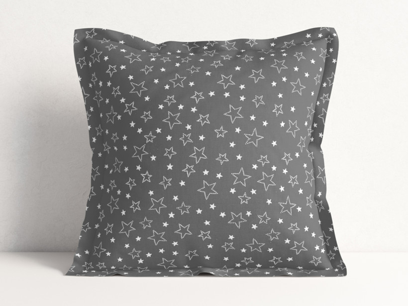Poszewka na poduszkę z ozdobną kantą bawełniana - białe gwiazdki na szarym