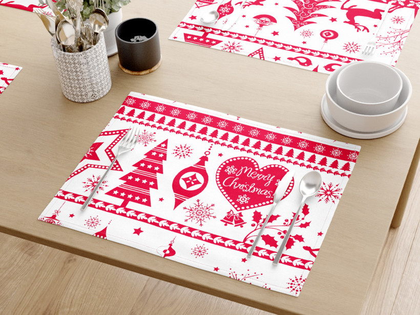 Podkładka na stół bawełniana świąteczna - czerwone symbole świąteczne na białym - 2szt.