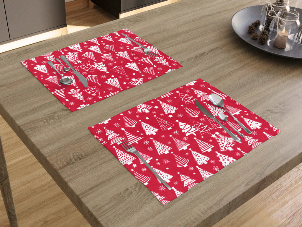 Podkładka na stół bawełniana świąteczna - choinki na czerwonym - 2szt.