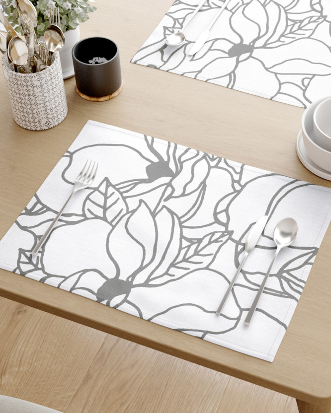Podkładka na stół z płótna bawełnianego - ciemnoszare kwiaty na białym - 2szt.
