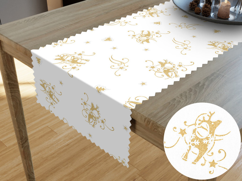 Bieżnik na stół plamoodporny - złote renifery świąteczne na białym