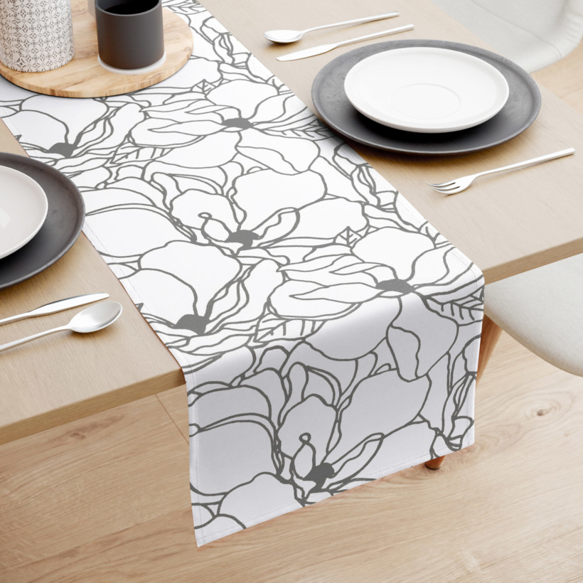 Bieżnik na stół z płótna bawełnianego - ciemnoszare kwiaty na białym