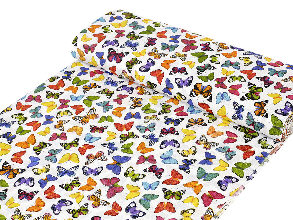 Tkanina dekoracyjna Verona - kolorowe motylki na białym