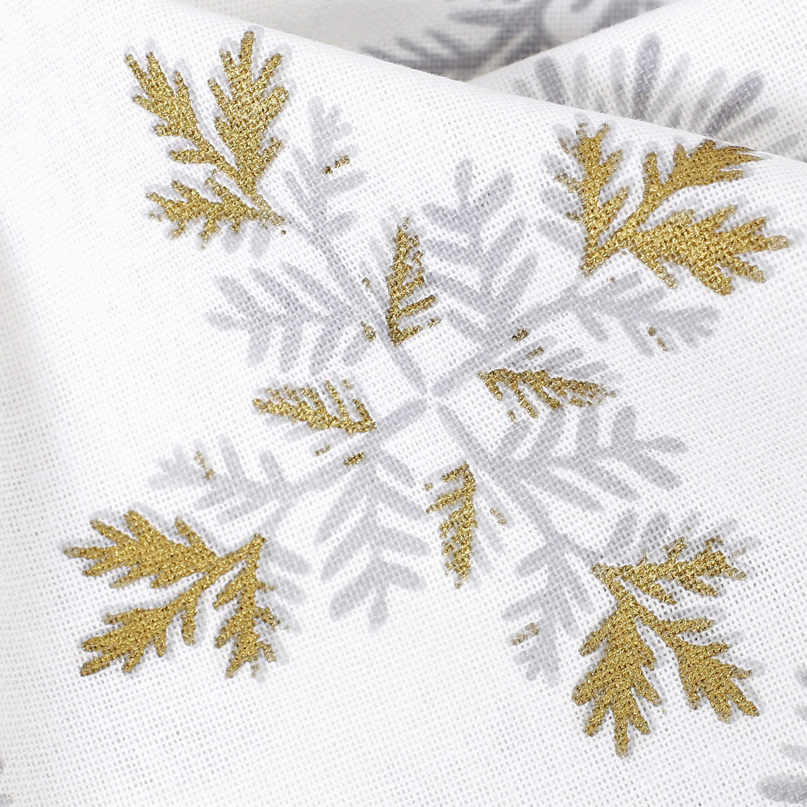 Ścierka kuchenna bawełniana świąteczna - szare płatki śniegu ze złotym brokatem na białym