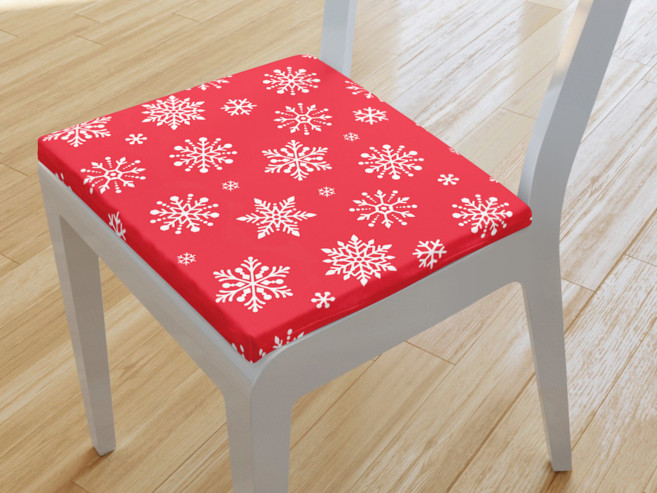Kwadratowa poduszka na krzesło 38x38 cm świąteczna - płatki śniegu na jaskrawej czerwieni
