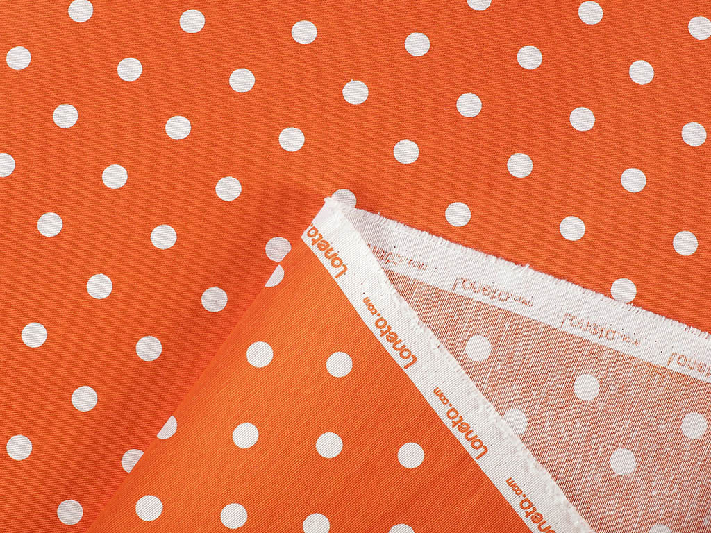 Tkanina dekoracyjna Loneta - białe kropki na pomarańczowym