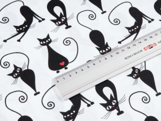 Płótno bawełniane Simona - czarne koty na białym - szer. 145cm