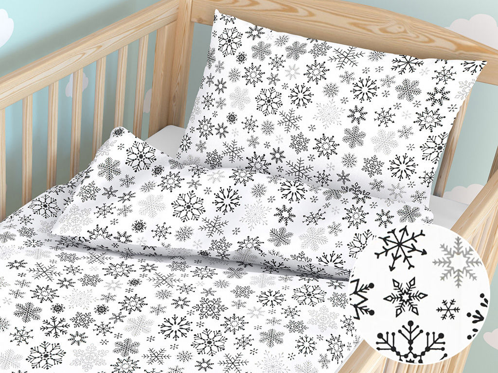 Pościel bawełniana świąteczna do łóżeczka - czarne płatki śniegu na białym