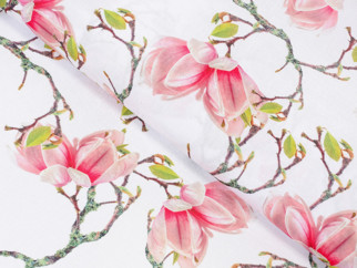 Tkanina obrusowa plamoodporna - wiosenny motyw różowych magnolii - szer. 155 cm