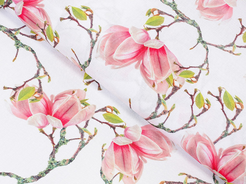Tkanina obrusowa plamoodporna - wiosenny motyw różowych magnolii