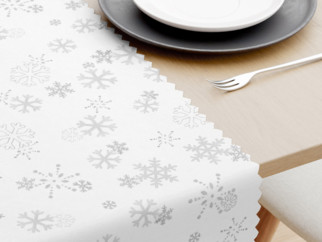 Bieżnik na stół plamoodporny świąteczny - srebrne płatki śniegu na białym