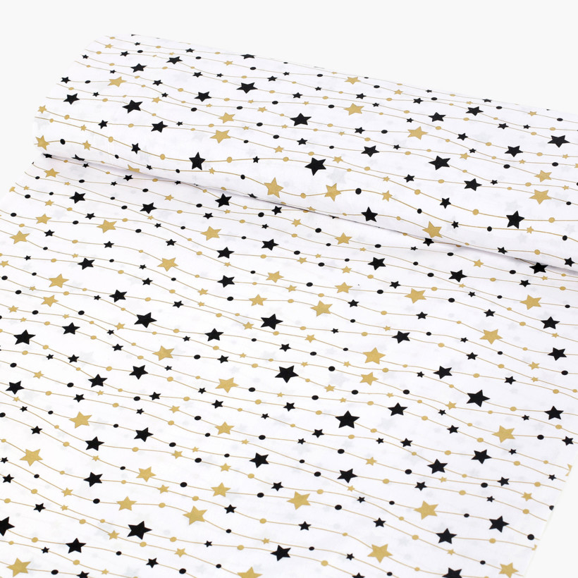 Płótno bawełniane - złote i czarne gwiazdki na białym