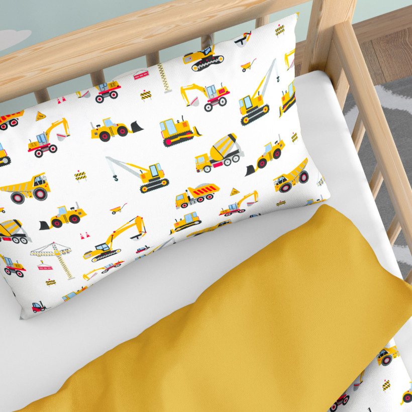 Pościel bawełniana do łóżeczka Duet - ciężarówki i koparki z miodowym żółtym