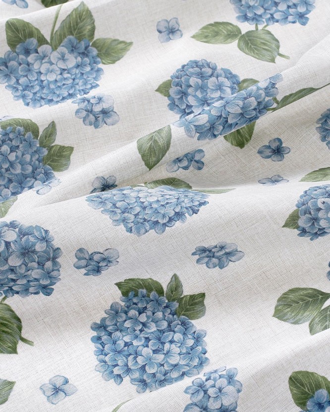 Tkanina dekoracyjna Loneta - niebieskie kwiaty hortensji