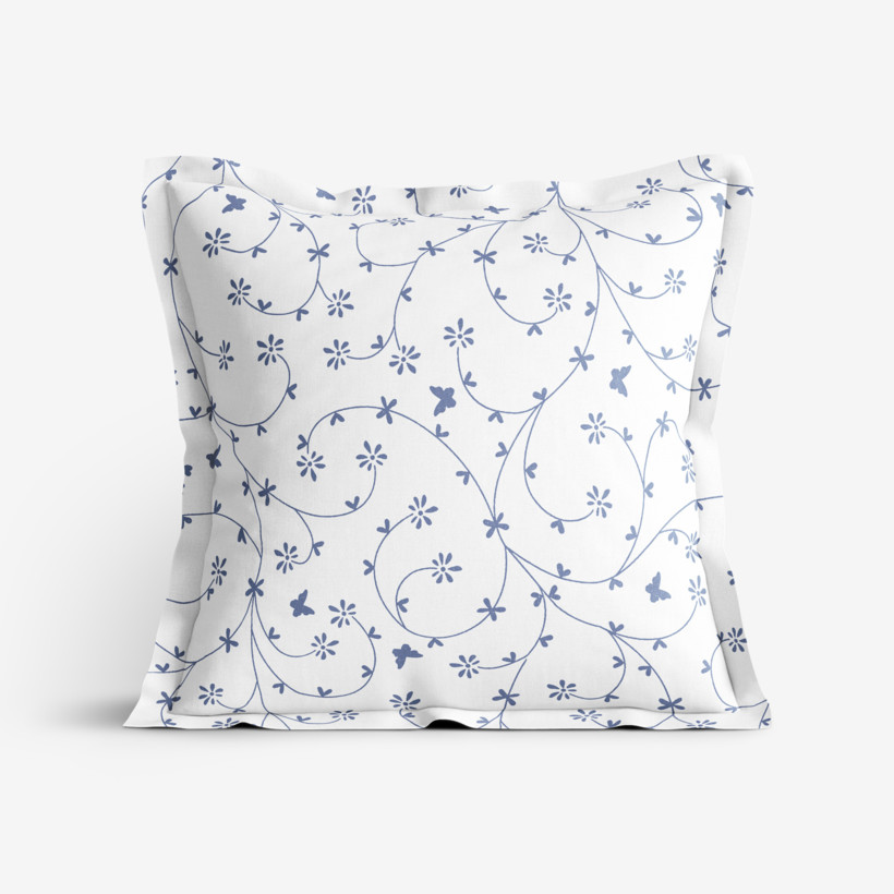 Poszewka na poduszkę z ozdobną kantą bawełniana - niebiesko-szare kwiatki i motylki na białym