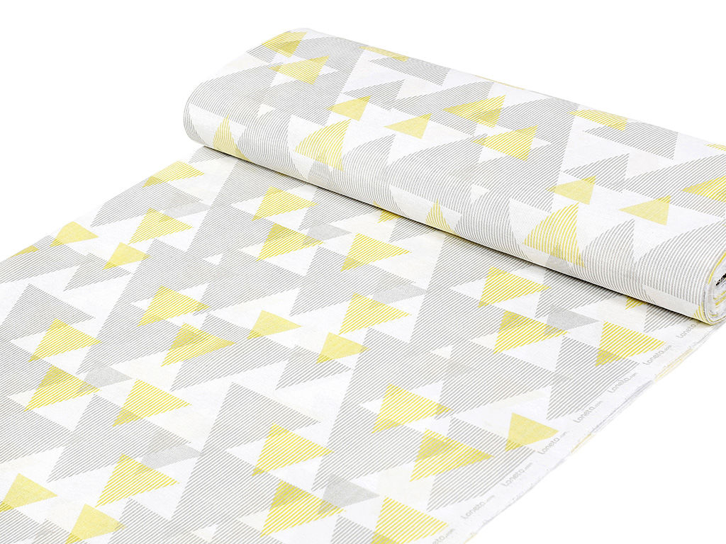 Tkanina dekoracyjna Loneta - trójkąty w szaro-żółte paski