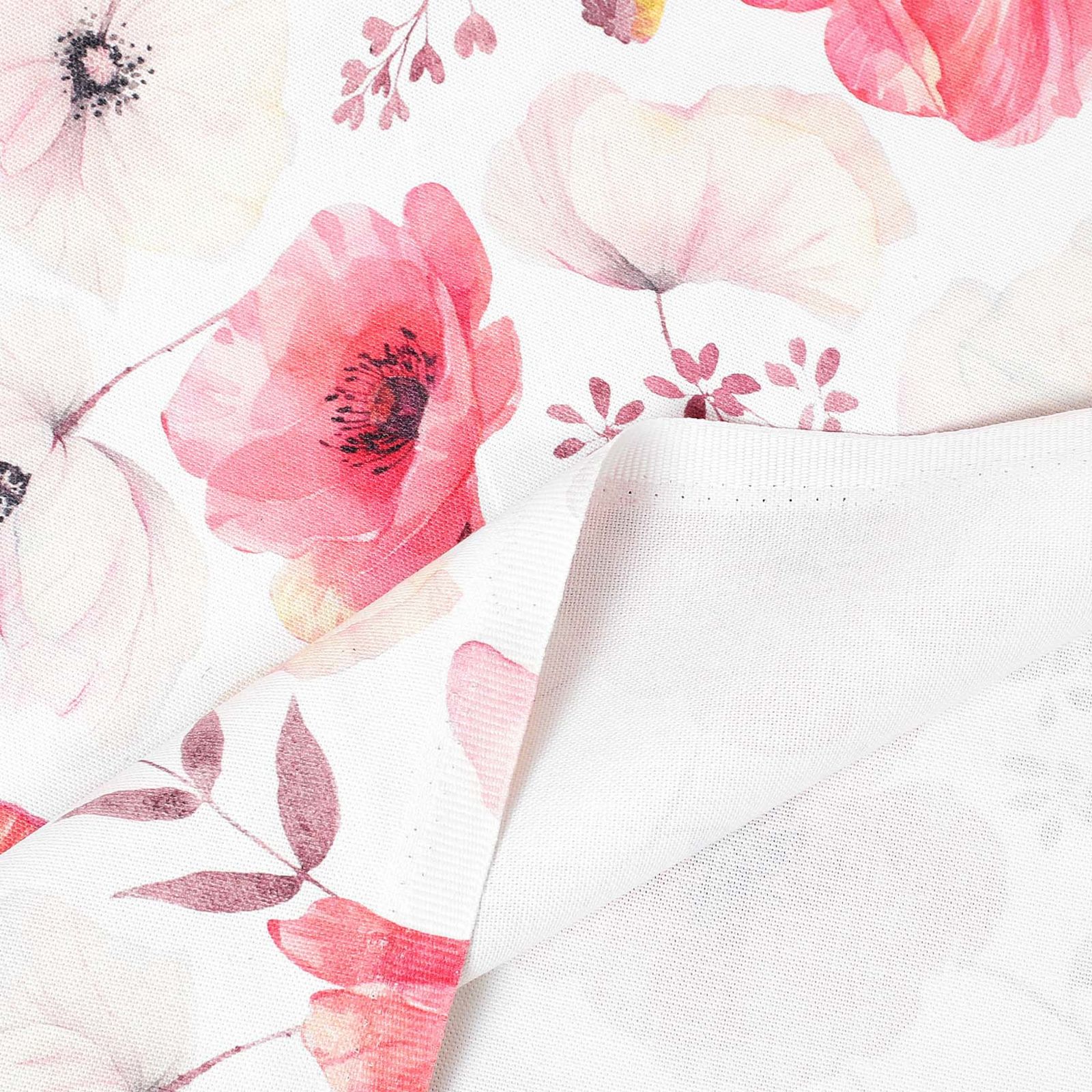 Tkanina dekoracyjna Loneta - kwiaty maku polnego z liśćmi