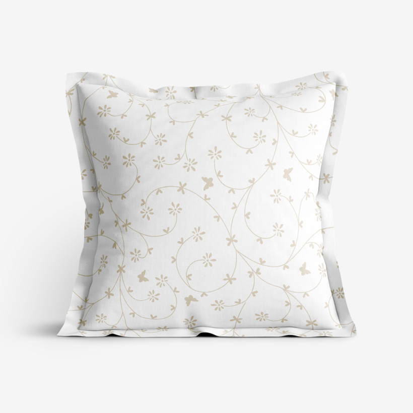 Poszewka na poduszkę z ozdobną kantą bawełniana - złote beżowe kwiatki i motylki na białym