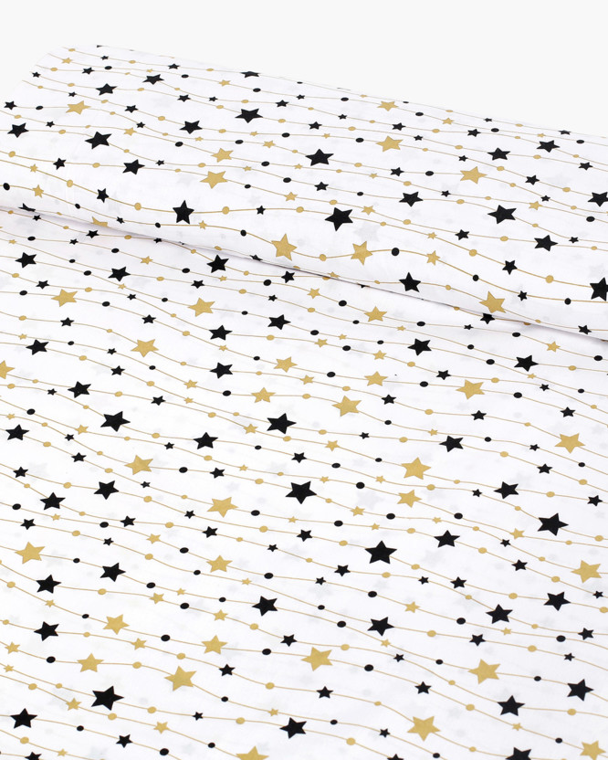 Płótno bawełniane - złote i czarne gwiazdki na białym
