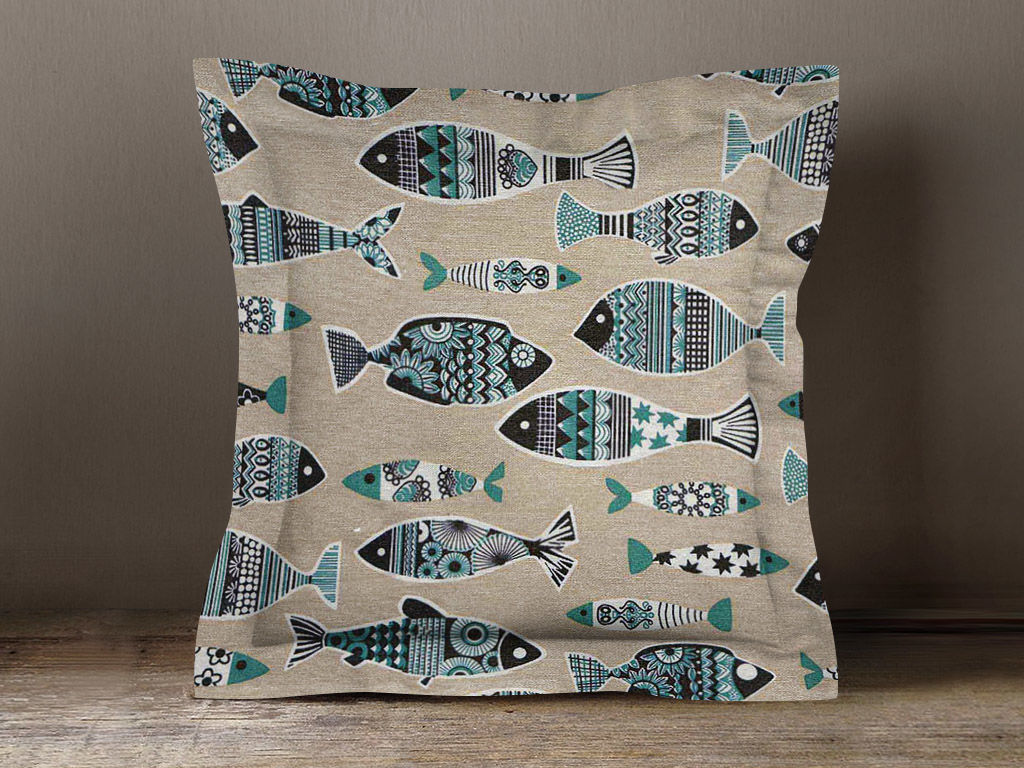 Poszewka na poduszkę z ozdobną kantą dekoracyjna Loneta - rybki na naturalnym