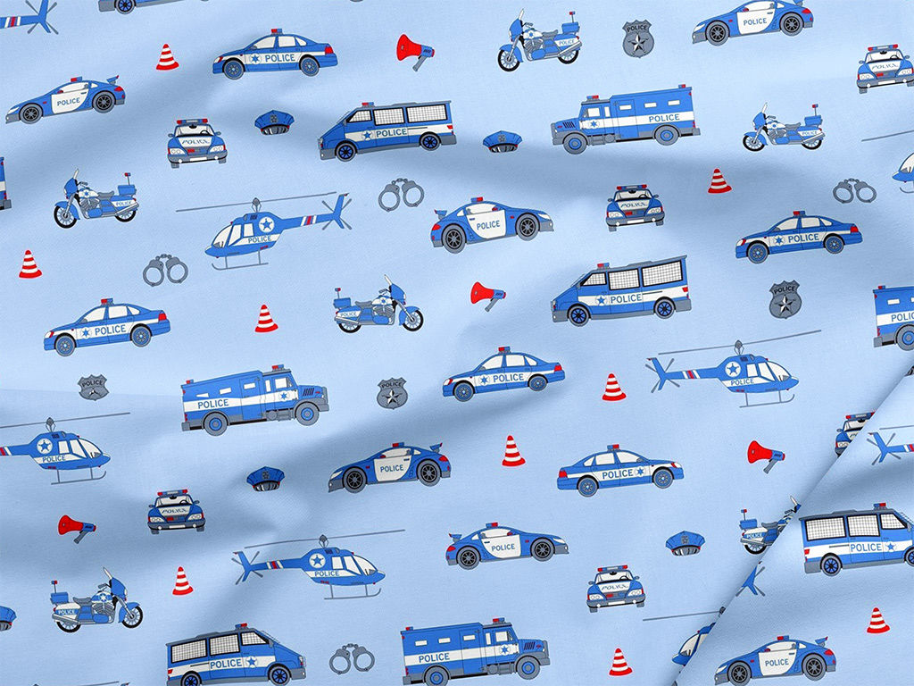 Płótno bawełniane - pojazdy policyjne na jasnoniebieskim