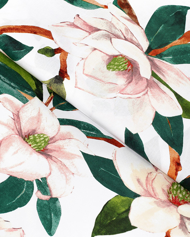 Płótno bawełniane - magnolie i zielone liście