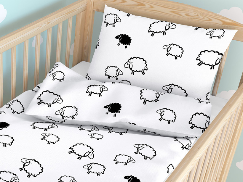 Pościel bawełniana do łóżeczka - czarne owieczki na białym