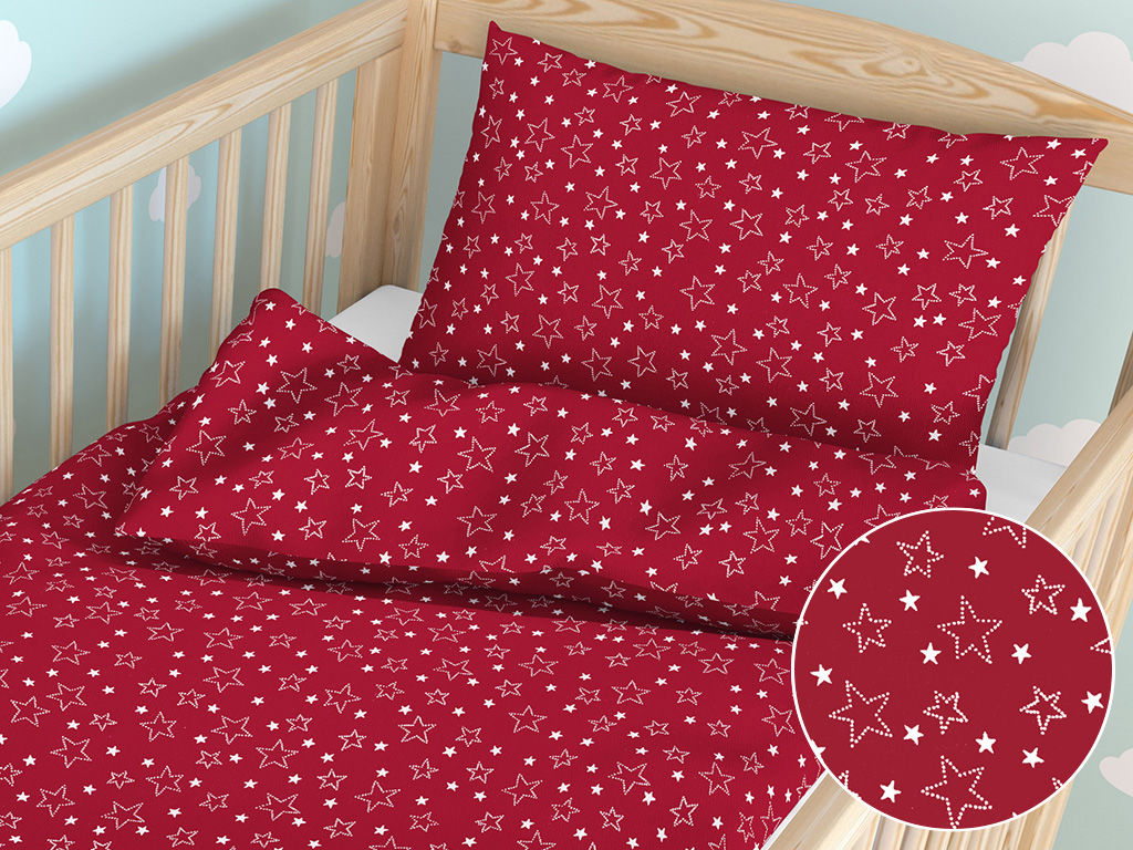 Pościel bawełniana do łóżeczka - białe gwiazdki na czerwonym