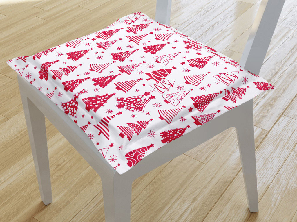 Kwadratowa poduszka na krzesło z ozdobną kantą 38x38 cm świąteczna - choinki na białym