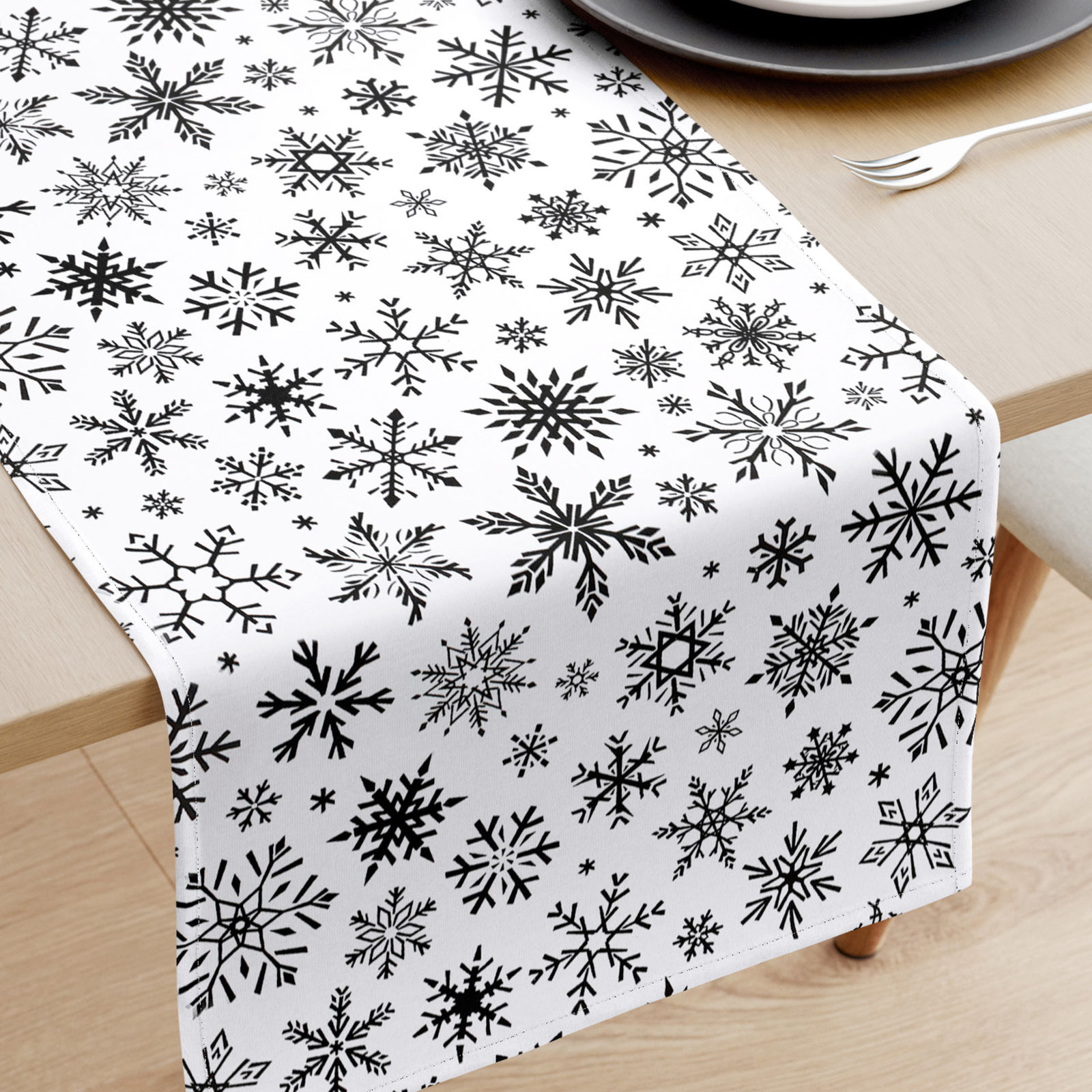 Bieżnik na stół z płótna bawełnianego - płatki śniegu