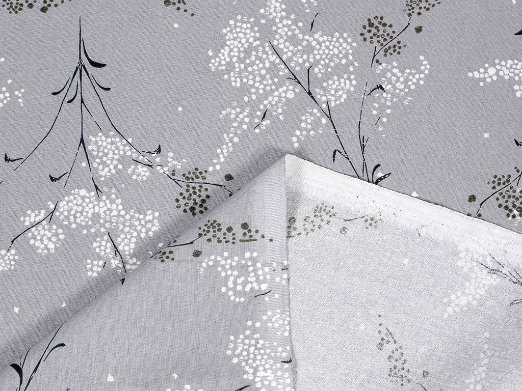 Płótno bawełniane - kwiaty japońskie na szarym