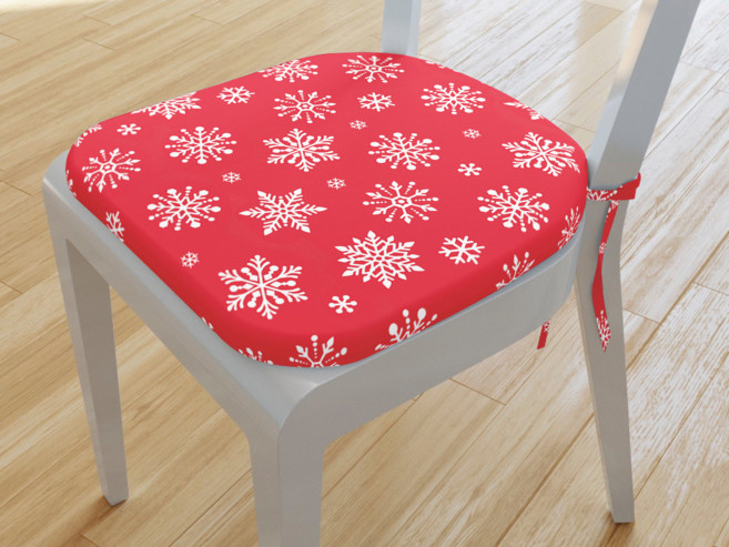 Zaokrąglona poduszka na krzesło 39x37 cm świąteczna - płatki śniegu na jaskrawej czerwieni