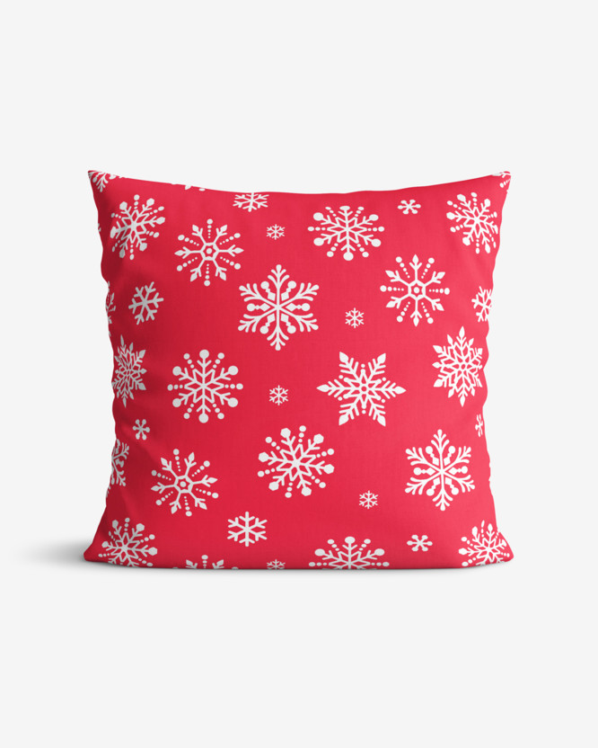 Poszewka na poduszkę bawełniana świąteczna - płatki śniegu na jaskrawej czerwieni