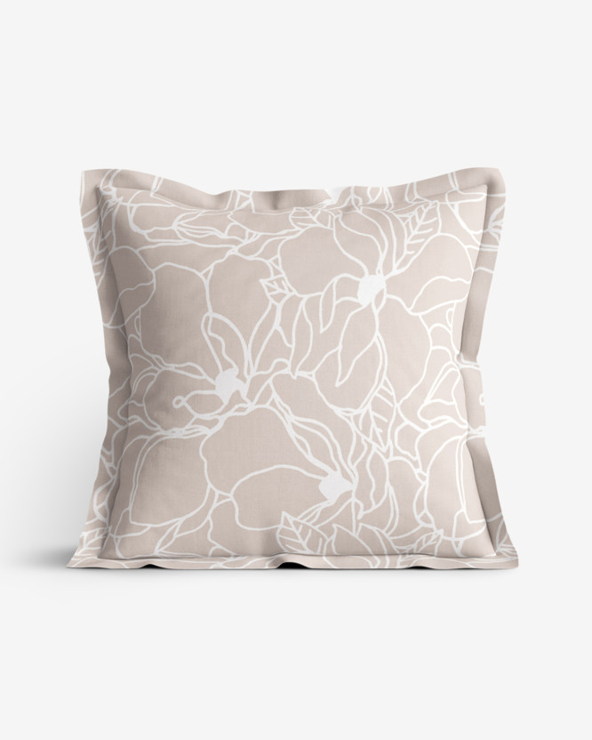 Poszewka na poduszkę z ozdobną kantą bawełniana - białe kwiaty na jasnobeżowym