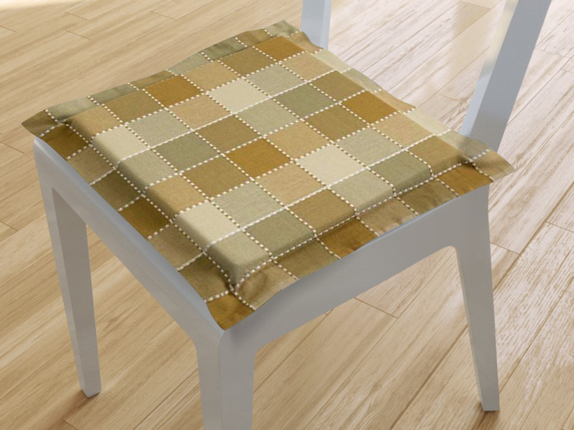 Kwadratowa poduszka na krzesło z ozdobną kantą 38x38 cm Kanafas - duża kratka w odcieniach oliwkowych