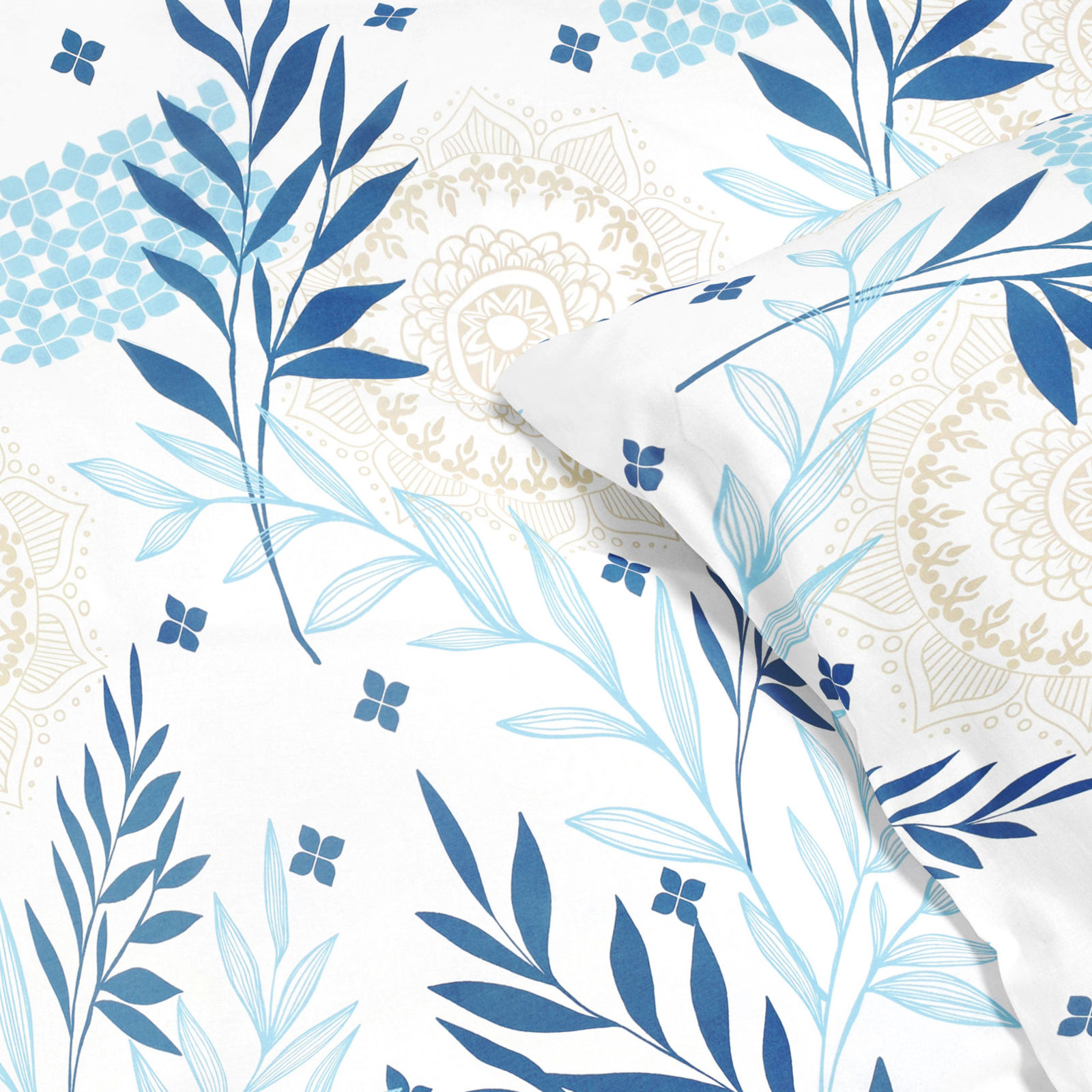 Pościel bawełniana Deluxe - mandale z niebieskimi liśćmi