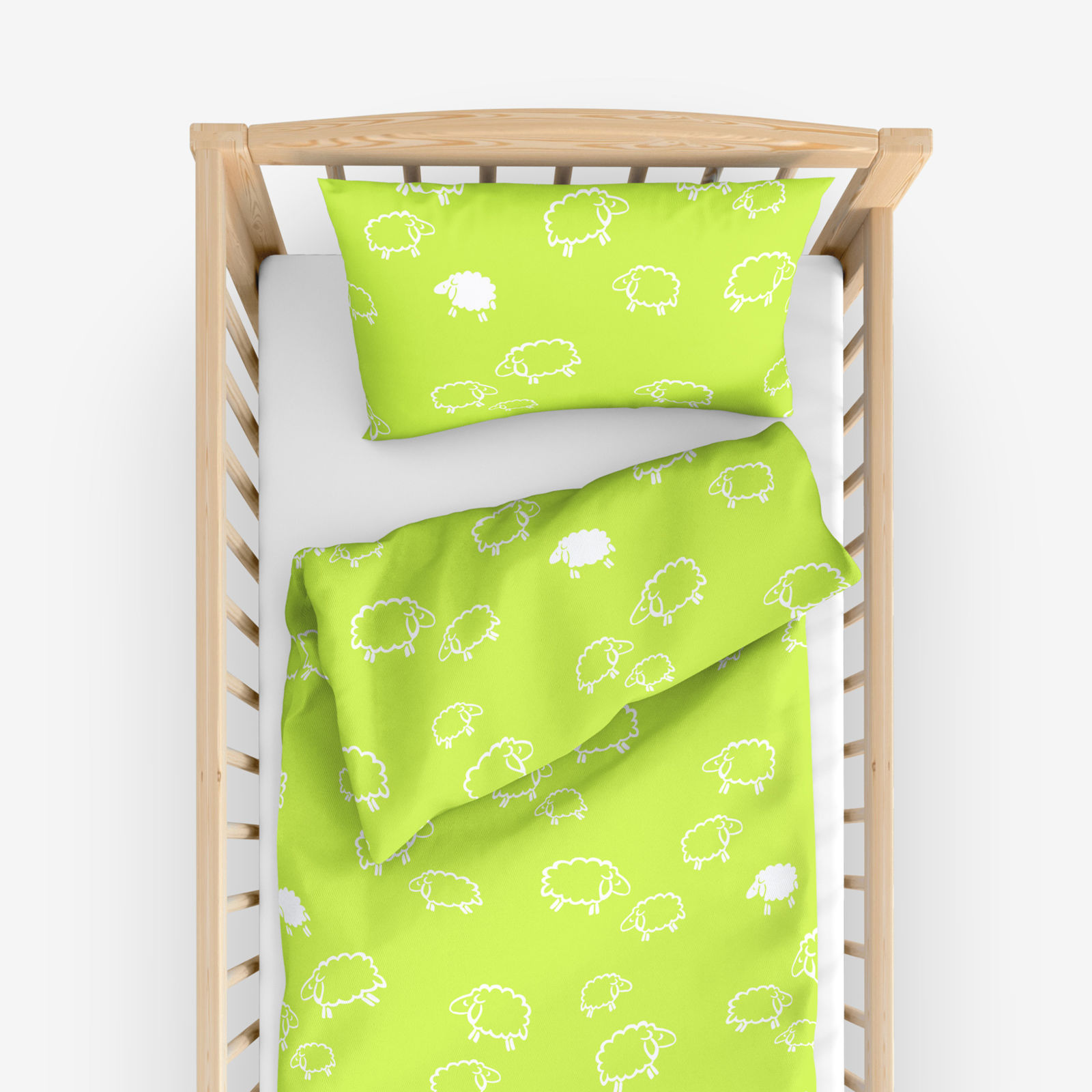 Pościel bawełniana do łóżeczka - białe owieczki na jasno zielonym