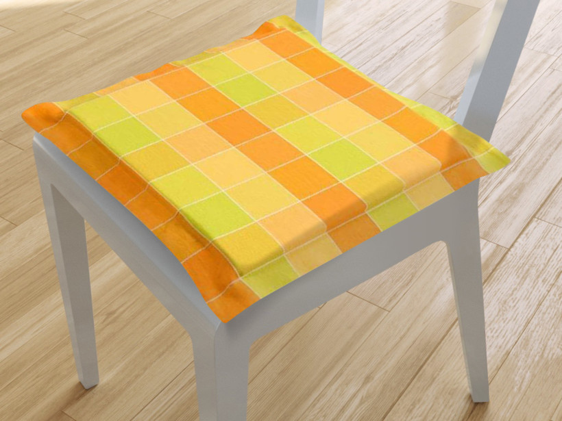 Kwadratowa poduszka na krzesło z ozdobną kantą 38x38 cm Kanafas - duża kratka pomarańczowo-żółto-zielona