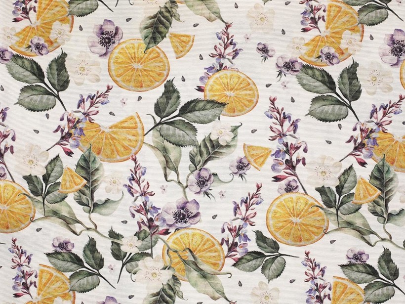Tkanina dekoracyjna Loneta - pomarańcze i kwiaty
