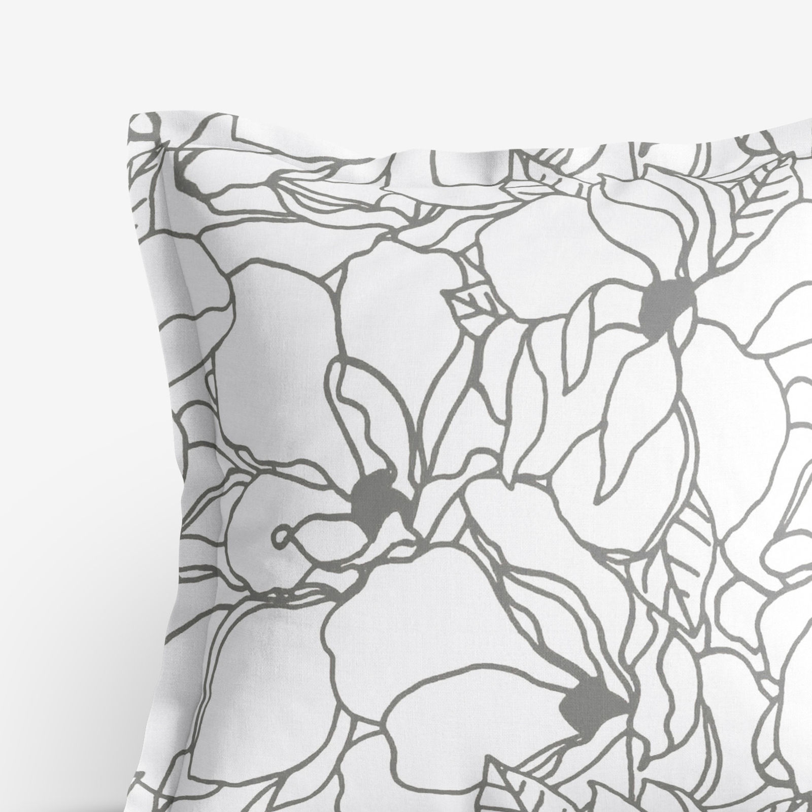 Poszewka na poduszkę z ozdobną kantą bawełniana - ciemnoszare kwiaty na białym