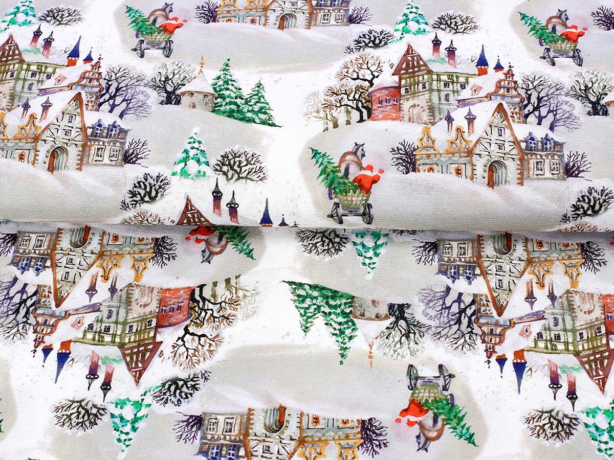 Tkanina dekoracyjna Loneta świąteczna - zaśnieżone miasto