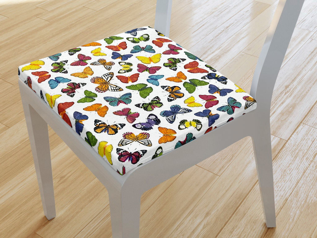 Kwadratowa poduszka na krzesło 38x38 cm Verona - kolorowe motylki na białym